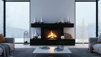 Cozy minimalist living room with a black fireplace, modern Christmas decor, and a view of the serene winter snow landscape. Festive holiday interior design for a hygge concept.

 - Powered by Adobe