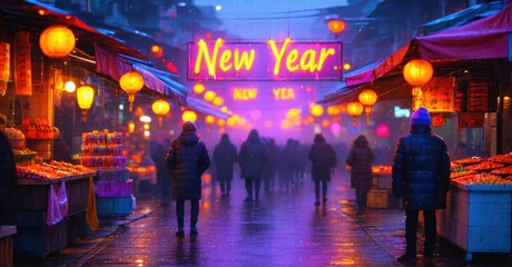 Naklejka premium Busy street scene. Lanterns illuminate crowds, shops. Wet pavement reflects vibrant neon lights. Festive atmosphere apparent.