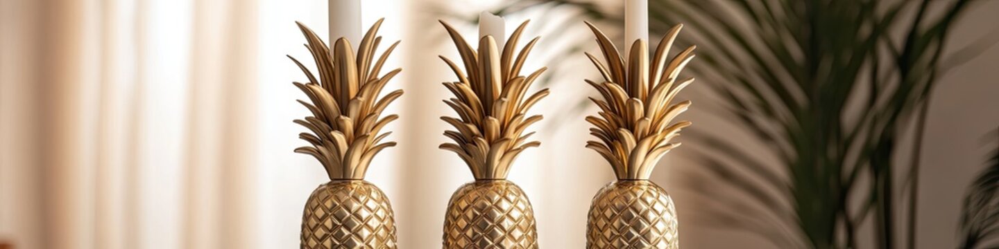 Three gold pineapple candle holders