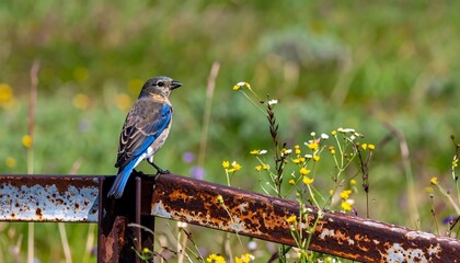 A small blue bird on a rusty fence