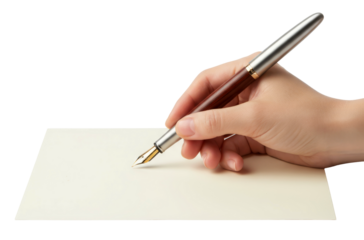 a hand holds a fountain pen over a blank sheet of paper