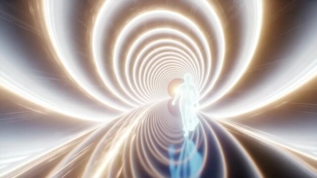 Ethereal human figure walking towards the light in a spiraling, glowing tunnel. Concept of afterlife, near-death experience, spiritual journey, soul, and reincarnation.