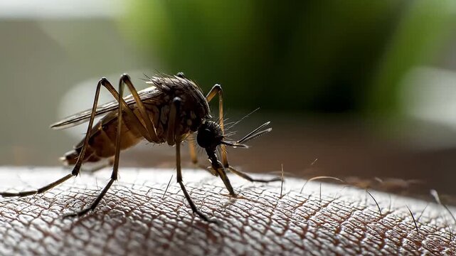 Detailed macro close up of a mosquito biting human skin Watch as the insects proboscis pierces the surface to feed on blood a common pest and disease vector