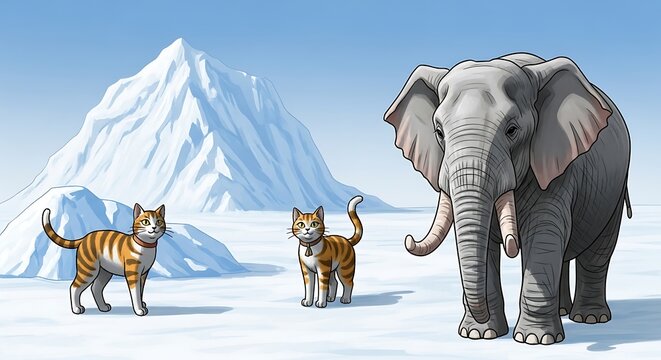 An elephant and two cats in a snowy landscape.