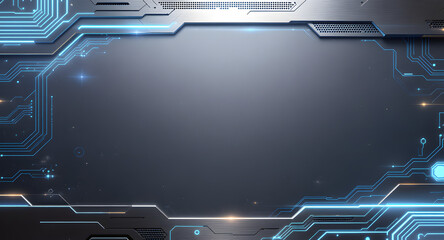 Futuristic digital circuit board with neon blue lights and dark center