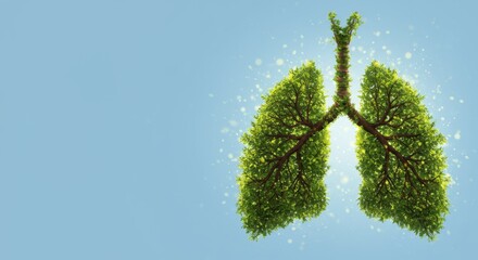 Lungs made of green leaves on a blue background.