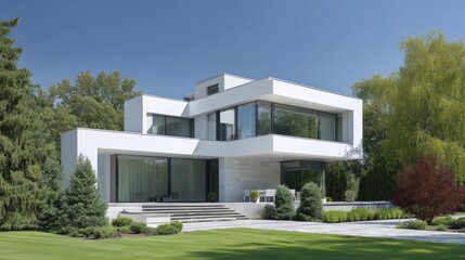 Modern white house exterior with green landscape on sunny day