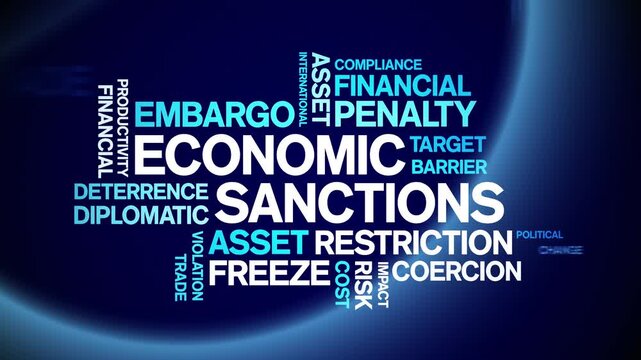 Economic Sanctions animated word cloud-text design animation tag kinetic typography seamless loop.