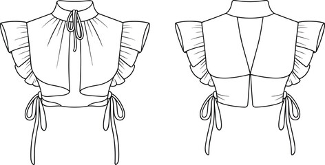Flat sketch vector fashion top with ruffle sleeves tie front and back, cropped blouse garment cad illustration template