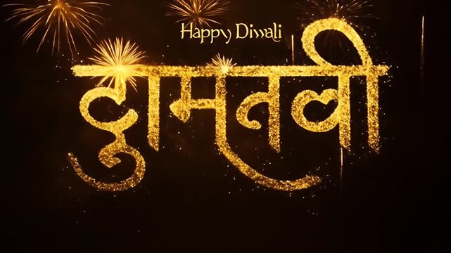 Happy Diwali Golden Text and Fireworks Celebration.