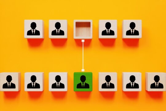 Human resources concept of recruitment and hiring, showing a unique green figure being selected to fill a vacant job position in a corporate team - Powered by Adobe