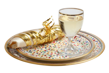 A Happy New Year festive dinner plate with champagne glass, isolated on a transparent background.