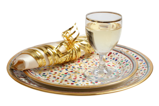 A Happy New Year festive dinner plate with champagne glass, isolated on a transparent background.