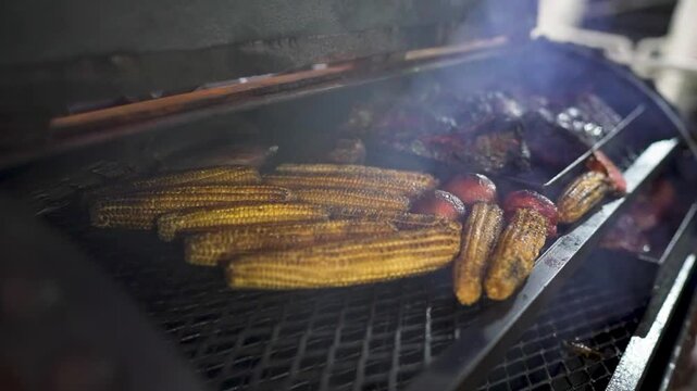 Push-in shot toward smoky grill with charred corn and argentinian asado meat cuts, capturing heat, texture, and flavor in a slow advance through outdoor cooking setup