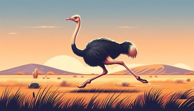 Ostrich running through the savanna, vector illustration of a wild bird in nature.

