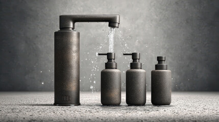 Naklejka premium A sink with a faucet and three bottles of soap next to it. The bottles are black and the sink is wet