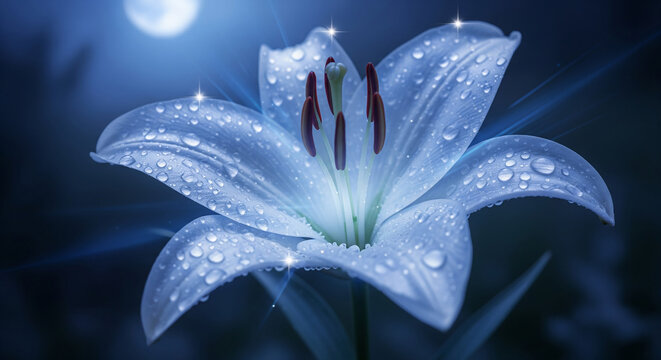 A white lily flower with water droplets sparkles under a blue moonlight, radiating ethereal beauty