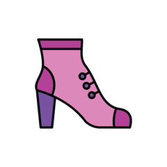 Illustrated pink heeled boot with purple accents and button details side view