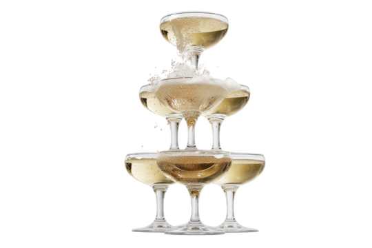 A Happy New Year champagne tower with sparkling bubbles, isolated on a transparent background.