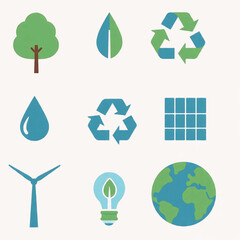 Set of ecological and green energy icons representing sustainability, recycling, and renewable resources for a healthier planet