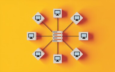 Conceptual computer network diagram with a central server hub connecting multiple client workstations on a yellow background