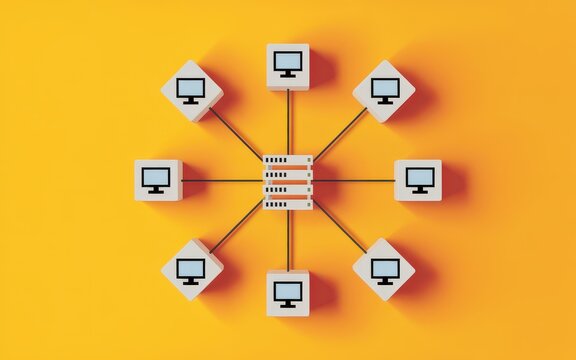 Conceptual computer network diagram with a central server hub connecting multiple client workstations on a yellow background