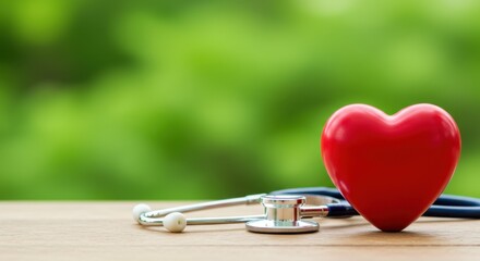 Red heart and stethoscope on wooden table. Healthcare concept.