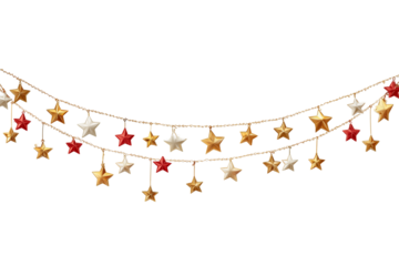 A Happy New Year festive garland with golden stars, isolated on a transparent background.