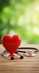 Red heart and stethoscope on wood table with green background.
