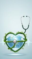 Earth globe with heart shaped leaves and stethoscope. World health.