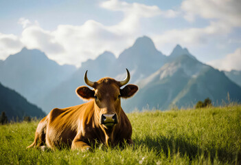 Close-up of a cow resting on green grass in an alpine meadow, with hikers and towering mountains in the background under clear blue sky, capturing rural life and outdoor serenity.