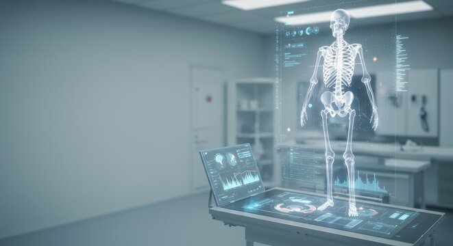 Human skeleton hologram on a futuristic medical table.
