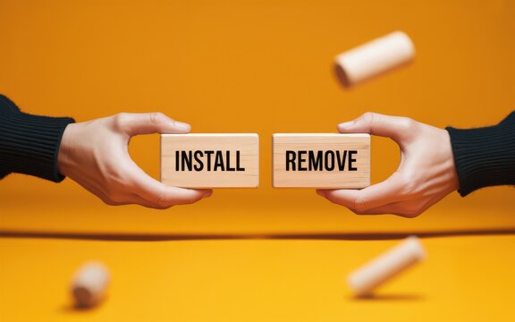 A person making a choice between installing and removing, a conceptual representation of opposites and decision-making on an orange background