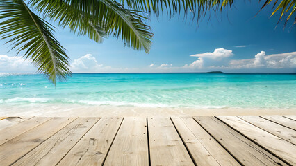 Fototapeta premium Wooden deck overlooking a tranquil turquoise ocean with a palm leaf framing the sunny sky.