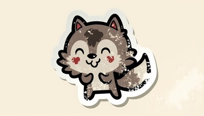 Obraz premium Cute wolf cub cartoon sticker with a vintage grunge texture.