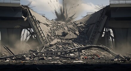 Bridge Demolition Explosion Debris Dust Cloud.