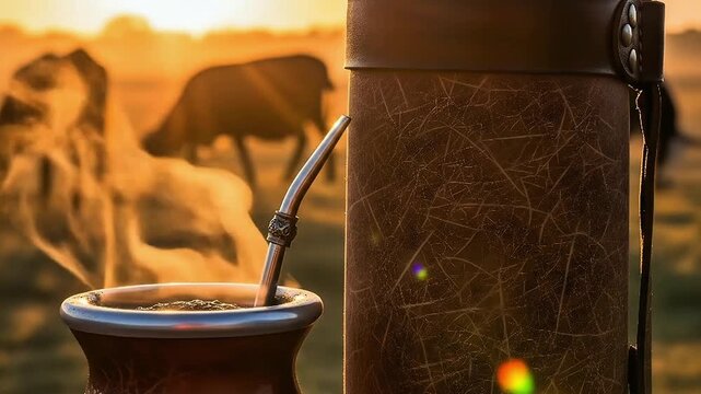 un mate caliente con vapor saliendo y un termo al lado sobre un banco en una ma&ntilde;ana fresca en el campo con algunas vacas de fondo desenfocado, luz c&aacute;lida del amanecer