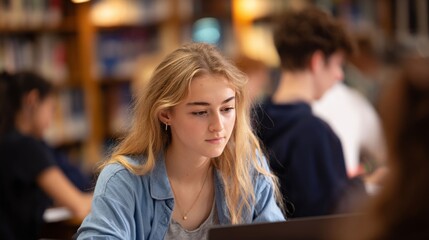 Focused Study: A focused student with blonde hair diligently studies in a library, illuminated by soft light from the book shelves and the natural environment.