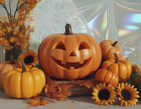 Smiling carved pumpkin surrounded by smaller pumpkins and sunflowers, evoking autumn vibes.