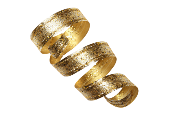 A Happy New Year golden ribbon curled with sparkles, isolated on a transparent background.
