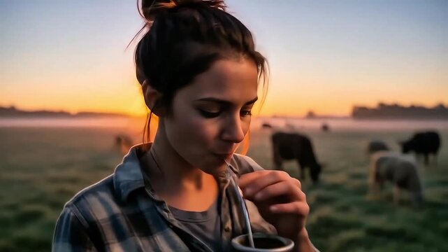 mujer joven sonriente con ropa de campo bebiendo un mate al amanecer, ma&ntilde;ana fresca con animales de granja de fondo