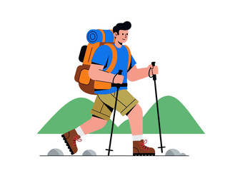 Male hiker trekking with poles and backpack, perfect for outdoor, adventure, travel, hiking, nature, exploration, recreation, and tourism concepts.