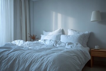 Unmade bed with white linen in a calm modern bedroom, soft morning light entering