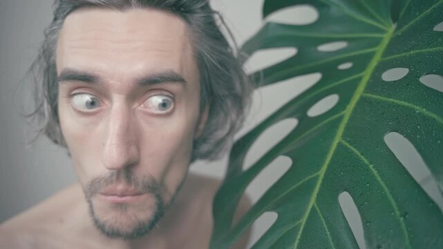Big-eyed funny guy with expressive reactions in front of a lush green Monstera plant, showcasing surprise and curiosity in soft lighting
