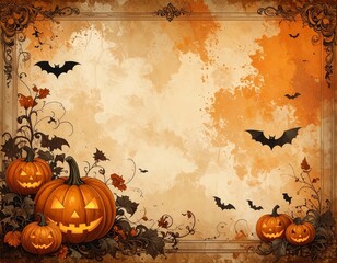 Old-fashioned Halloween wallpaper with jack-o’-lanterns and bats on distressed paper