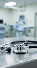 Stethoscope on a metal table in an operating room.