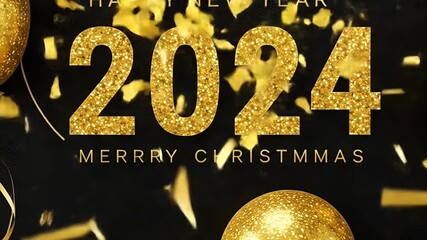 Happy New Year 2024 Merry Christmas Gold Glitter Balloons Confetti.