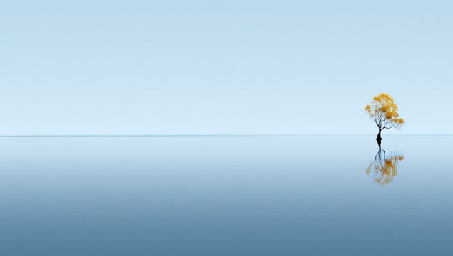 A solitary tree with golden foliage mirrored perfectly on a calm, light blue water surface, showcasing tranquility and serenity.