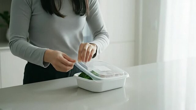 Young woman sealing fresh broccoli and prepared food in a lunch container for healthy meal prep and organized kitchen storage emphasizing daily routine and fres