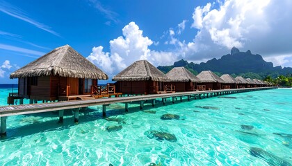 Obraz premium A tropical island resort with wooden bungalows over turquoise water.